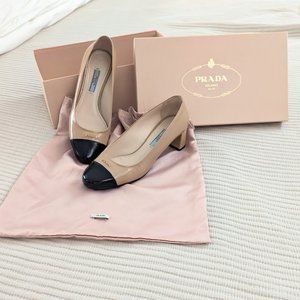 Prada Saffiano Patent Leather Toe Cap Block Heel Pump